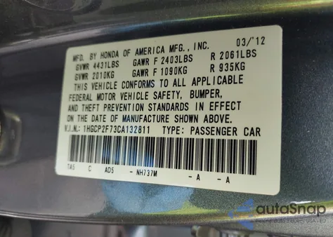 2012 Honda Accord 2.4 Ex from USA, damaged, VIN 1HGCP2F73CA132811